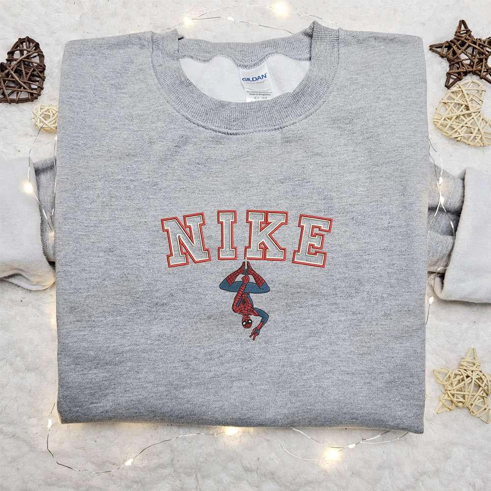 Spider Man Hanging On Nike Logo Embroidered Shirt Marvel Movie Embroidered Hoodie Nike Inpsired Embroidered Sweatshirt
