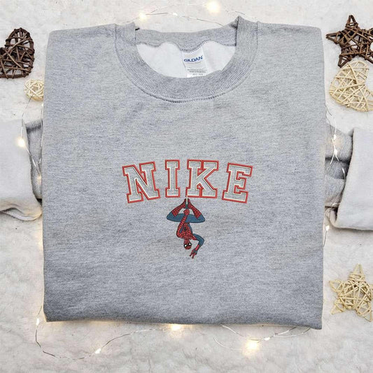 Spider Man Hanging On Nike Logo Embroidered Shirt Marvel Movie Embroidered Hoodie Nike Inpsired Embroidered Sweatshirt