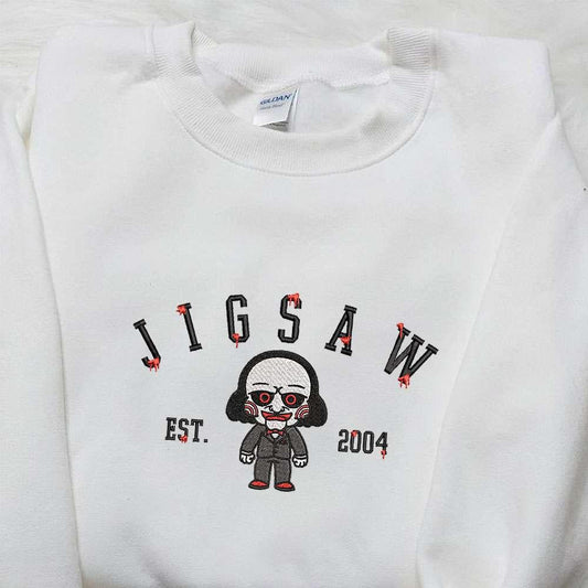 Jigsaw Est 2004 Embroidered Hoodie Horror Characters Embroidered Sweatshirt Spooky Embroidered Shirt