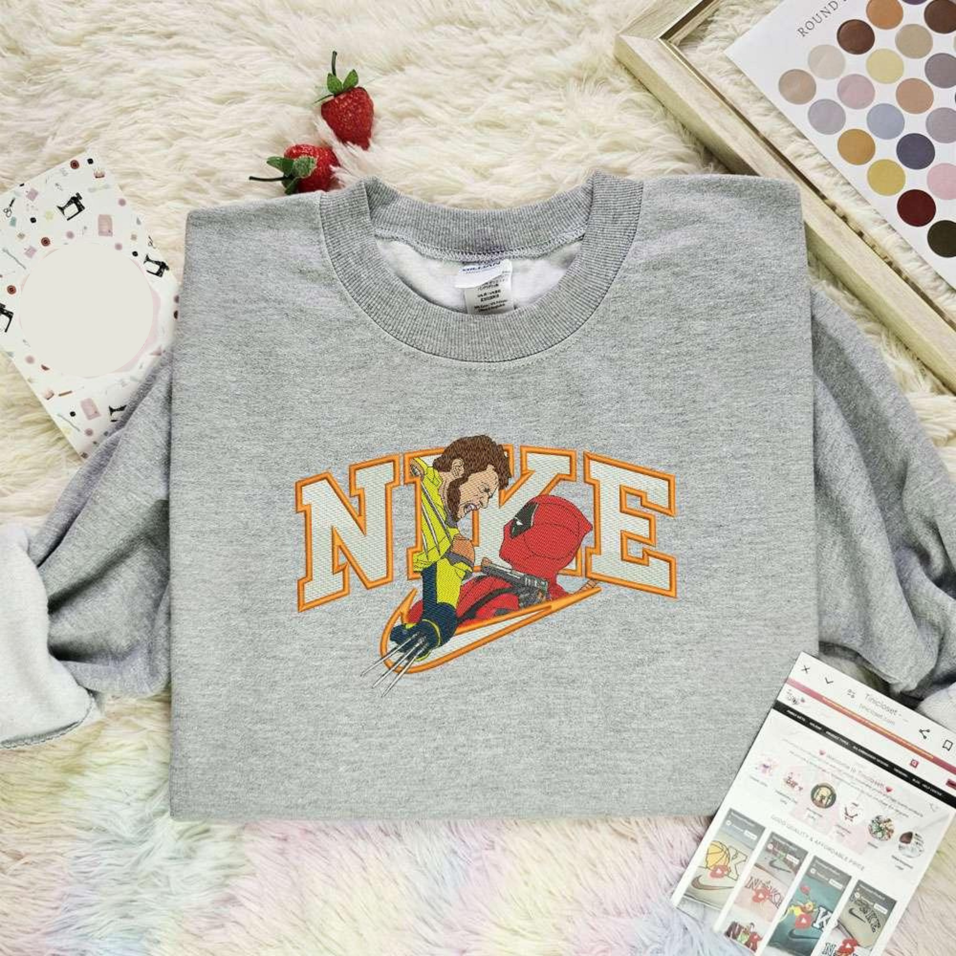 Wolverine And Deadpool Fighting X Nike Embroidered Shirt Marvel Movie Characters Embroidered Hoodie, Best Gift For Fans