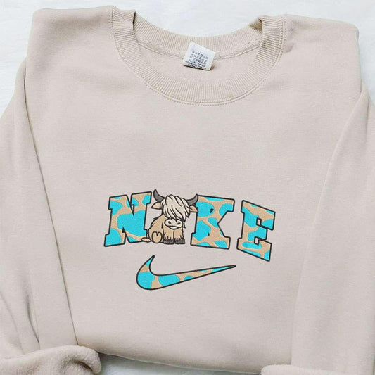 Blue Highland Cow x Nike Embroidered Shirt Animal Embroidered Hoodie Best Gift Ideas For Family