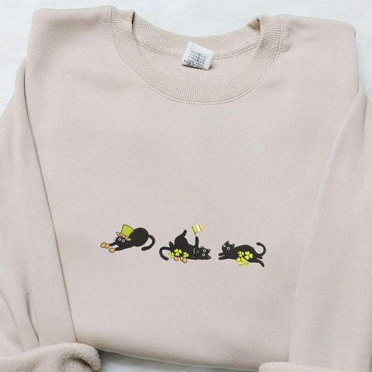 Black Cats With Shamrocks Embroidered Shirt Saint Patricks Day Embroidered Hoodie Best Holiday Gift Ideas