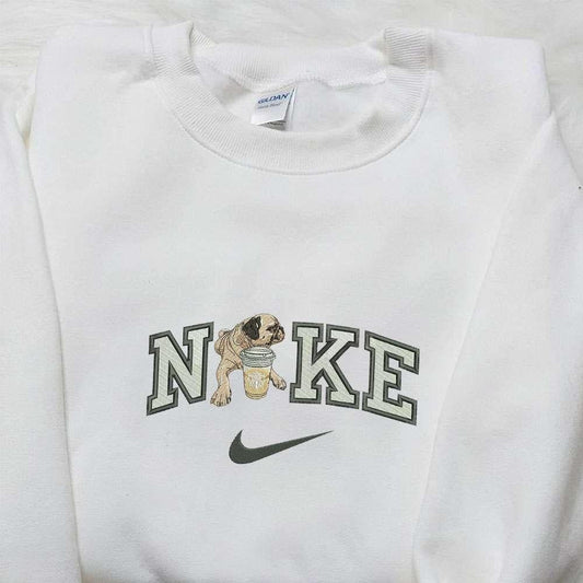 Bull Dog With Starbucks x Nike Swoosh Embroidered Shirt Favorite Food And Drink Embroidered Hoodie Animal Embroidered Sweatshirt