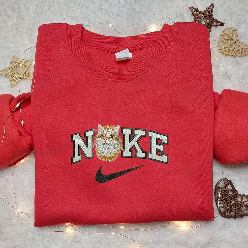 Cat Face x Nike Embroidered Shirt Animal Embroidered Hoodie Nike Inspired Embroidered Sweatshirt