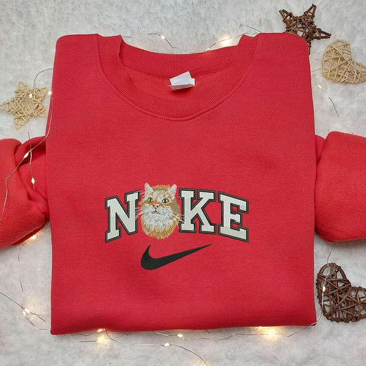 Cat Face x Nike Embroidered Shirt Animal Embroidered Hoodie Nike Inspired Embroidered Sweatshirt