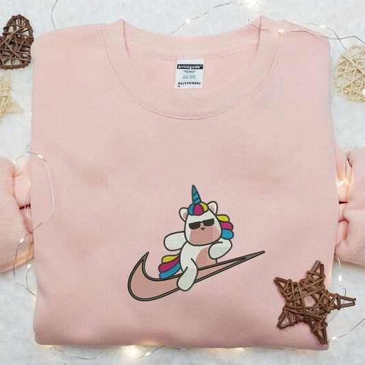 Cute Unicorn x Swoosh Cartoon Embroidered Hoodie Nike Inspired Embroidered Shirt Best Gift Ideas for Family