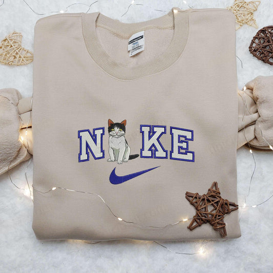 Cat Sit x Nike Swoosh Embroidered Shirt Animal Embroidered Shirt Custom Nike Embroidered Shirt