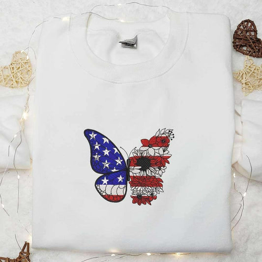 Butterfly x America Flag Embroidered Shirt Independence Day Embroidered Shirt National Day Gifts