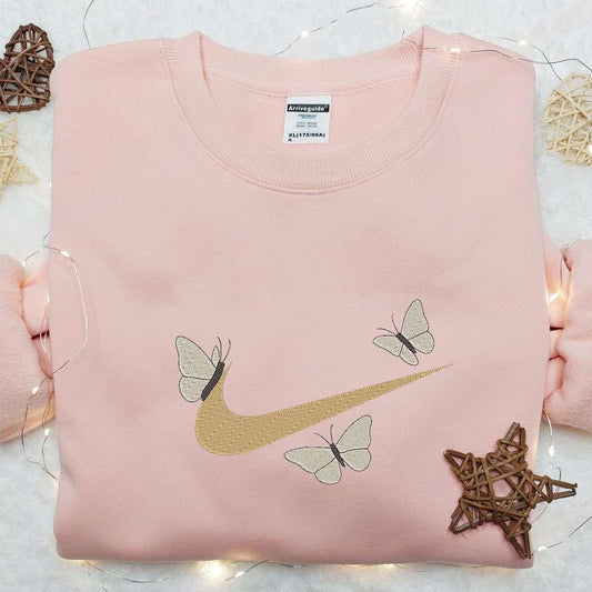 Butterflies x Swoosh Embroidered Shirt Nike Inspired Embroidered Hoodie Custom Nike Embroidered T shirt