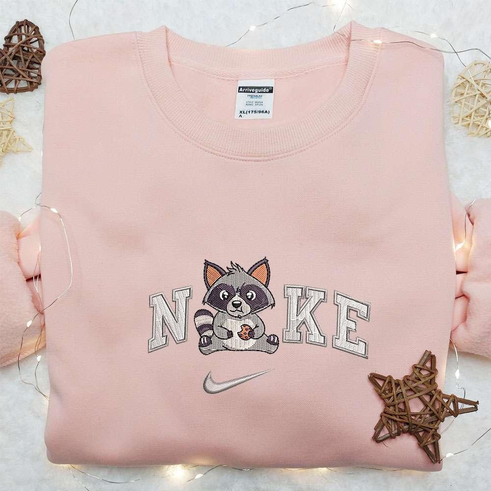 Cute Racoon Eating Cookie x Nike Embroidered Shirt Animal Embroidered Hoodie Nike Inspired Embroidered Sweatshirt