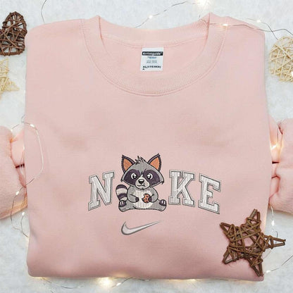 Cute Racoon Eating Cookie x Nike Embroidered Shirt Animal Embroidered Hoodie Nike Inspired Embroidered Sweatshirt