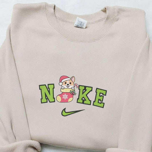 Corgi Dog in Sock x Nike Christmas Embroidered Sweatshirt Cartoon Christmas Embroidered Shirt Best Christmas Gift Ideas