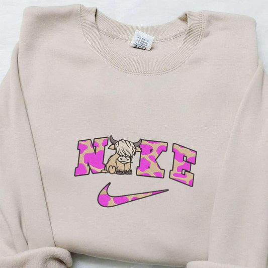 Pink Highland Cow x Nike Embroidered Shirt Animal Embroidered Hoodie Best Gift Ideas For Family