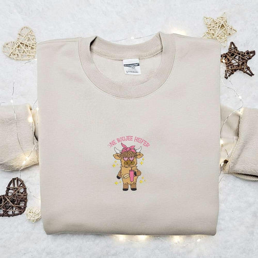 One Boujee Heifer Highland Cow Embroidered Shirt Animal Embroidered Hoodie Best Gift Idea