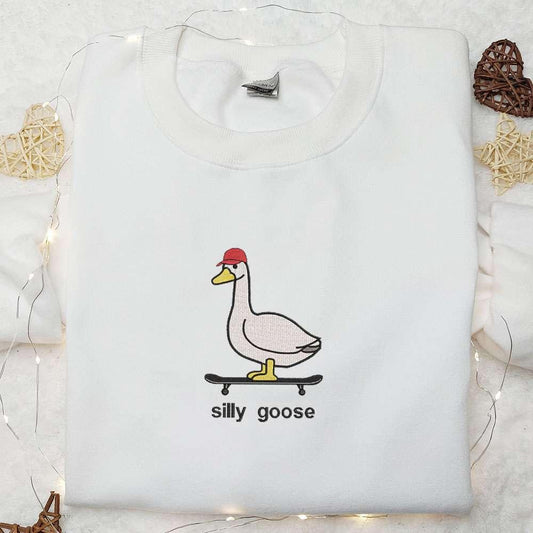 Skateboarding Silly Goose Embroidered Shirt Animal Embroidered Shirt Cute Embroidered Shirt