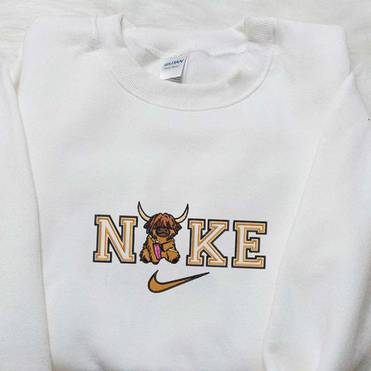Highland Cow With Pink Thermocup x Nike Embroidered Shirt Animal Embroidered Hoodie Best Gift Idea