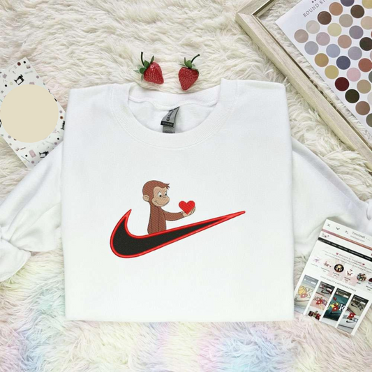 Curious George Monkey And Red Heart Embroidered Shirt Cartoon Embroidered Hoodie, Inspired Famous Movie, Best Gift For Fans