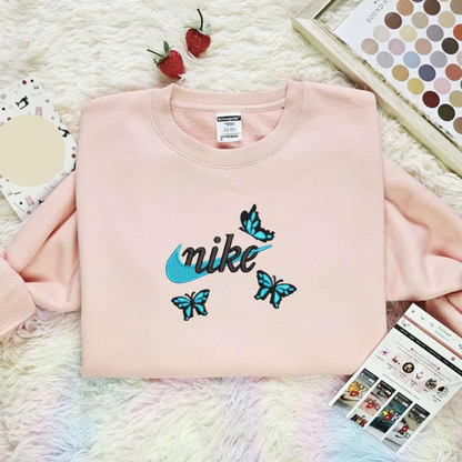 Blue Butterflies X Nike Embroidered Shirt Animal Embroidered Hoodie, Inspired Famous Movie, Best Gift For Fans