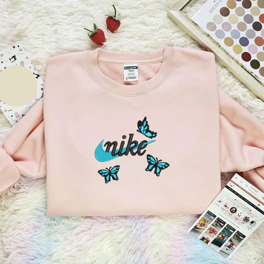 Blue Butterflies X Nike Embroidered Shirt Animal Embroidered Hoodie, Inspired Famous Movie, Best Gift For Fans