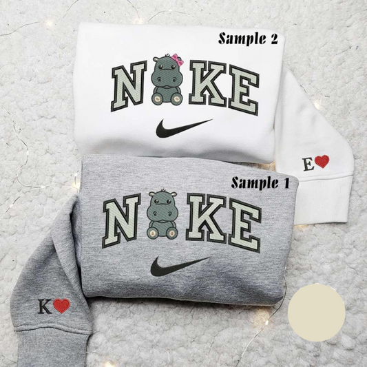 Baby Hippos Embroidered Couple Shirt Cartoon Characters Embroidered Shirt Nike Inspired Embroidered Hoodie Couple Shirts