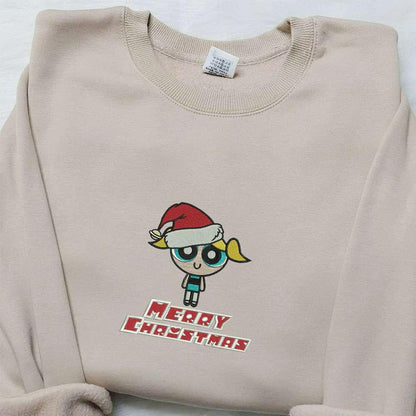 Bubbles Merry Christmas Embroidered Shirt The Powerpuff Girls Cartoon Embroidered Hoodie Christmas Embroidered Shirt