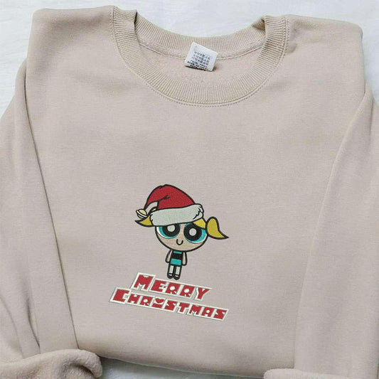 Bubbles Merry Christmas Embroidered Shirt The Powerpuff Girls Cartoon Embroidered Hoodie Christmas Embroidered Shirt