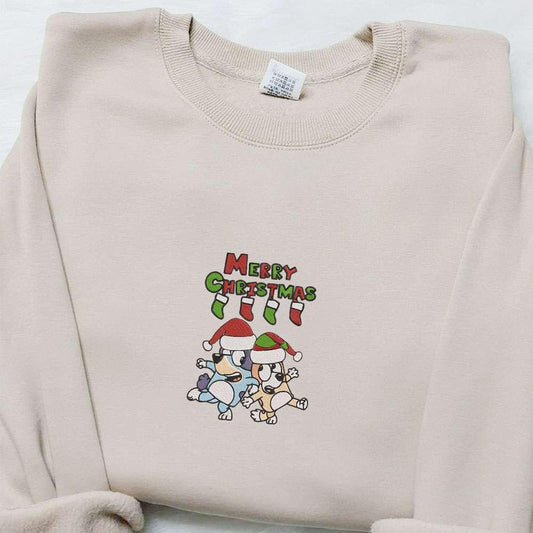 Bluey and Bingo Merry Christmas Embroidered Sweatshirt Cartoon Christmas Embroidered Shirt Best Gift Ideas for Family