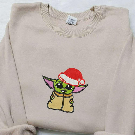 Baby Yoda With Christmas Hat Embroidered Shirt Christmas Embroidered Hoodie Best Gifts For Family