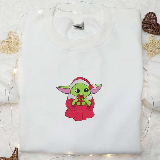 Baby Yoda With Christmas Gift Embroidered Shirt Christmas Embroidered Hoodie Best Gifts For Family