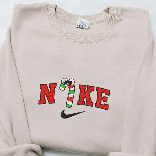 Candy Cane x Nike Christmas Embroidered Sweatshirt Cartoon Christmas Embroidered Shirt Best Christmas Gift Ideas