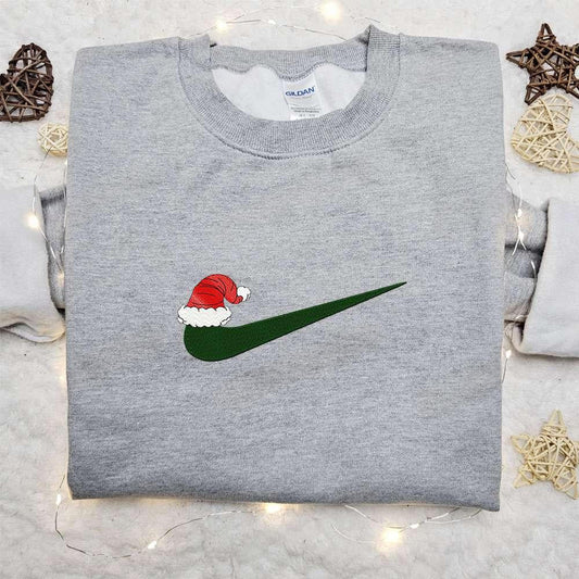 Christmas Hat x Swoosh Embroidered Sweatshirt Nike Inspired Embroidered Shirt Best Christmas Gift Ideas