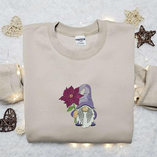 Christmas Gnome With Poinsettia Holiday Embroidered Sweatshirt Christmas Embroidered T shirt Best Christmas Gift Ideas