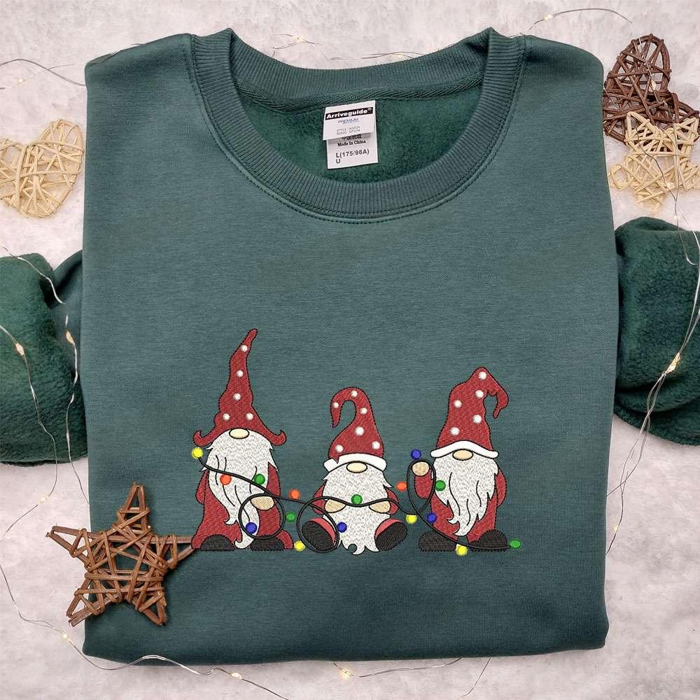 Christmas Gnomes Lights Embroidered Shirt Christmas Embroidered Shirt Best Christmas Gift Ideas