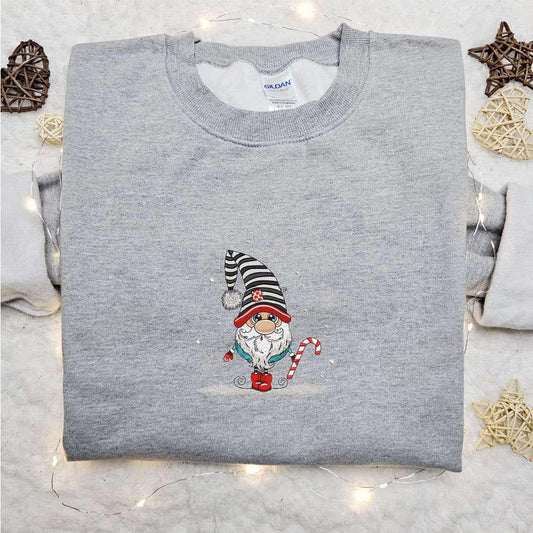 Christmas Gnome Candy Cane Embroidered T shirt Cute Christmas Embroidered T shirt Best Christmas Gift Ideas For Family