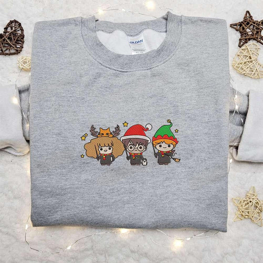 Chibi Harry Potter Hermionie Christmas Embroidered Sweatshirt Cartoon Merry Christmas Embroidered Shirt Best Christmas Day Gift Ideas