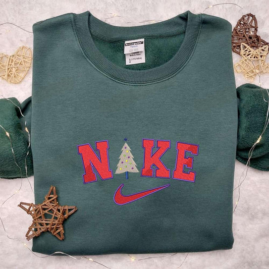 Christmas Tree x Nike Embroidered Shirt Christmas Embroidered Hoodie Nike Inspired Embroidered Sweatshirt