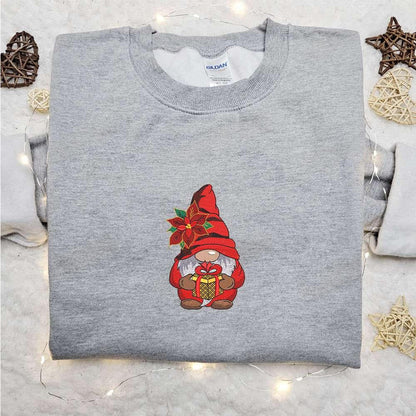 Christmas Gnome With Poinsettia Embroidered Hoodie Christmas Embroidered Hoodie Best Christmas Gift Ideas For Family