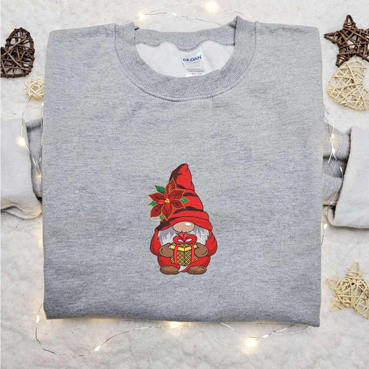 Christmas Gnome With Poinsettia Embroidered Hoodie Christmas Embroidered Hoodie Best Christmas Gift Ideas For Family