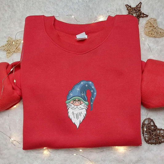 Christmas Gnome Blue Hat Embroidered Shirt Cute Christmas Embroidered Shirt Best Christmas Gift Ideas For Family