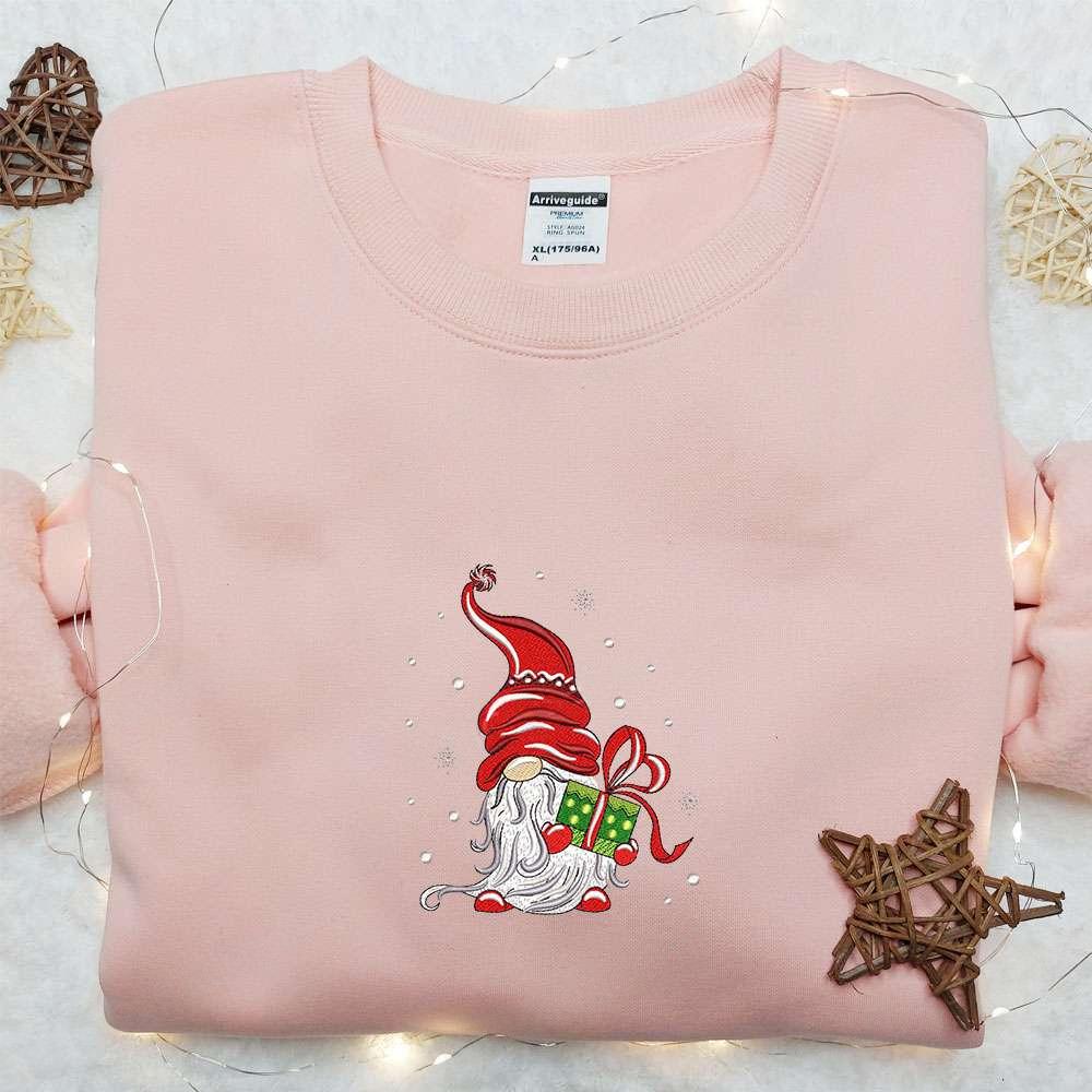 Christmas Gnome With Gift Embroidered Shirt Cute Christmas Embroidered Hoodie Best Christmas Gift Ideas