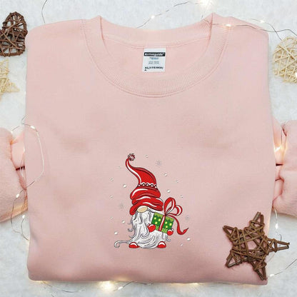 Christmas Gnome With Gift Embroidered Shirt Cute Christmas Embroidered Hoodie Best Christmas Gift Ideas