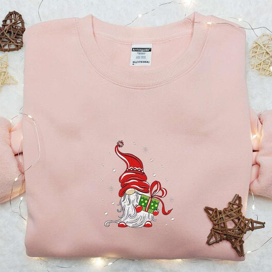 Christmas Gnome With Gift Embroidered Shirt Cute Christmas Embroidered Hoodie Best Christmas Gift Ideas