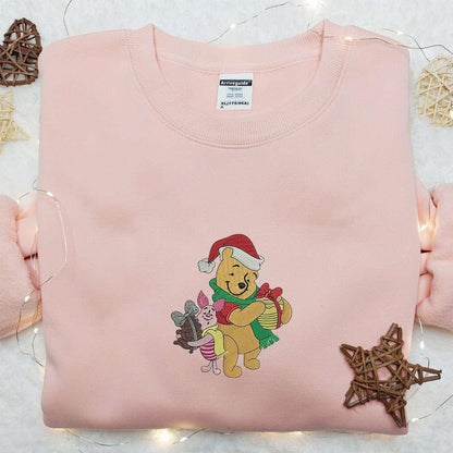 Winnie The Pooh And Piglet Xmas Embroidered Shirt Disney Characters Embroidered Hoodie Christmas Embroidered Shirt