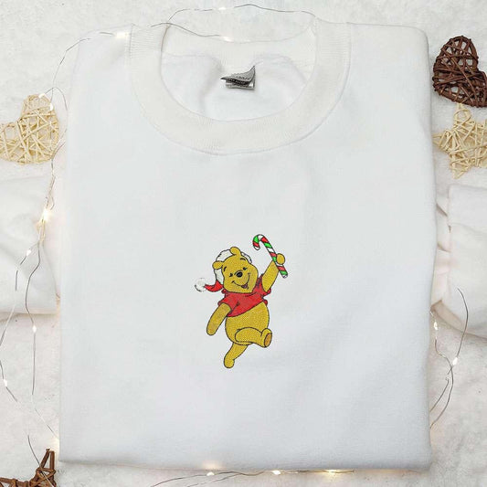 Winnie The Pooh With Candy Cane Embroidered Shirt Disney Characters Embroidered Hoodie Christmas Embroidered Shirt