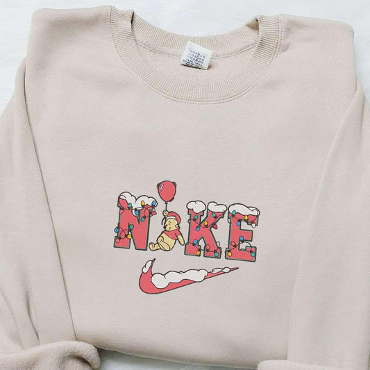 Winnie The Pooh With Balloon Xmas x Nike Embroidered Shirt Christmas Embroidered Hoodie Best Gifts For Family