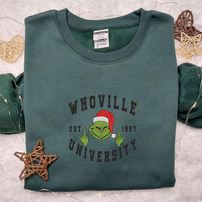 Whoville University Est 1957 Grinch Embroidered Shirt Christmas Embroidered Hoodie Best Gifts For Family