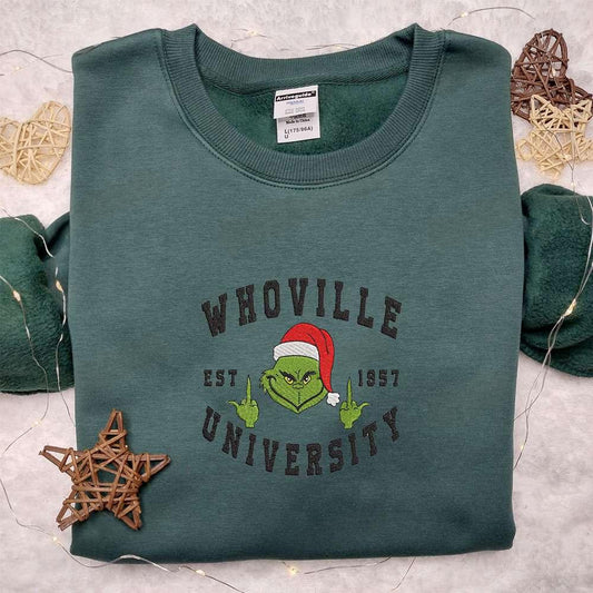 Whoville University Est 1957 Grinch Embroidered Shirt Christmas Embroidered Hoodie Best Gifts For Family
