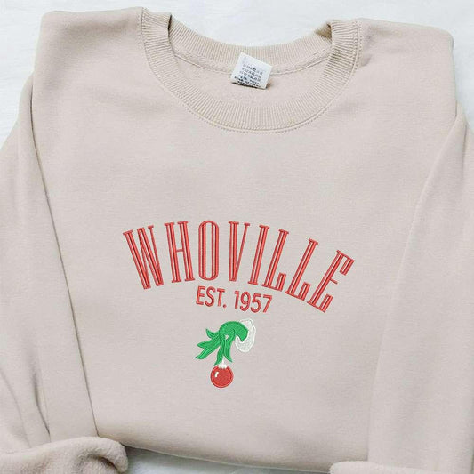 Whoville Est 1957 Grinch Hand Embroidered Shirt Christmas Embroidered Hoodie Best Gifts For Family 1