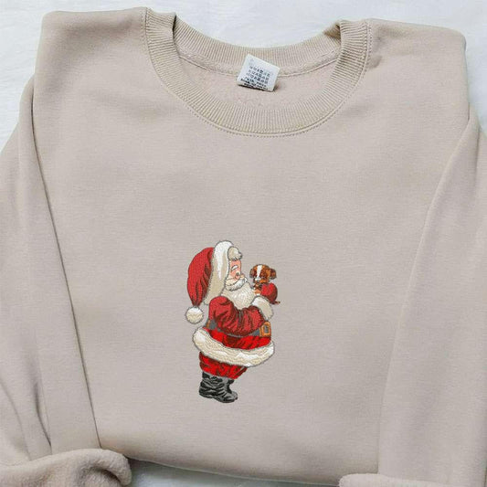 Vintage Santa With Puppy Embroidered Shirt Retro Christmas Embroidered Hoodie Best Christmas Gifts For Family
