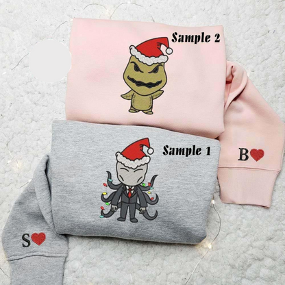 Chibi Slenderman And Oogie Boogie Horror Christmas Halloween Embroidered Couples Shirts